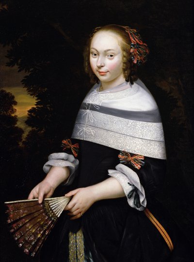 Portrait of a Young Girl Holding a Fan, a Landscape Beyond by Friesian School